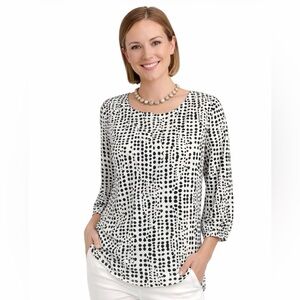 MERONA Blouse Sz Medium White with Black Specks Pull On 3/4 Sleeves
